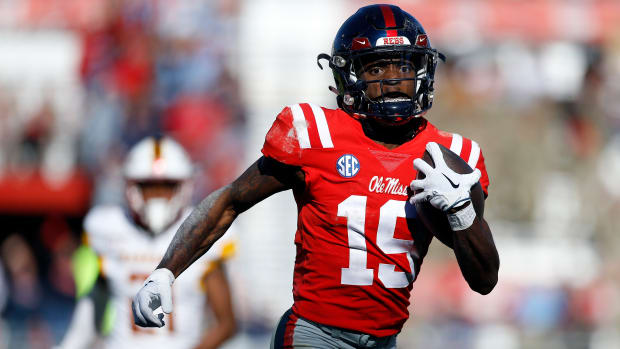 Nov 18, 2023; Oxford, Mississippi, USA; Mississippi Rebels wide receiver Dayton Wade (19) runs after a catch for a touchdown against the Louisiana Monroe Warhawks during the second half at Vaught-Hemingway Stadium. Mandatory Credit: Petre Thomas-USA TODAY Sports  